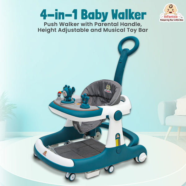 Infantso Teddy Steady 4-in-1 Baby Walker: Walker, Bouncer, Feeding Tray, & Push Toy - Adjustable Height & Speed - 6-24 Months