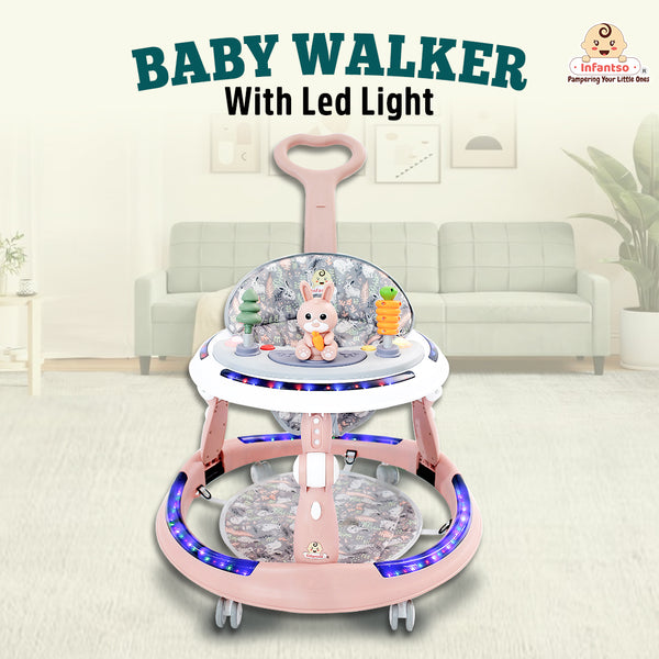 Infantso Runny Bunny Premium 4-in-1 Baby Walker with LED Light, 4-Level Cushion Seat & 3-level Height Adjustments - Walker, Bouncer, Feeding Table and Parental Push bar 6 Months to 24 months - 15kgs