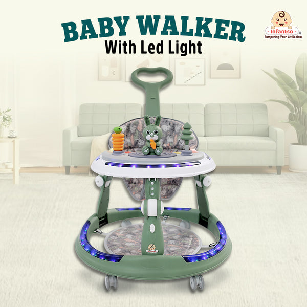 Infantso Runny Bunny Premium 4-in-1 Baby Walker with LED Light, 4-Level Cushion Seat & 3-level Height Adjustments - Walker, Bouncer, Feeding Table and Parental Push bar 6 Months to 24 months - 15kgs