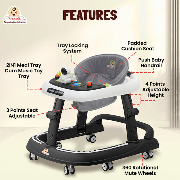 Infantso Space Race Multifunctional Premium Baby Walker: 2-in-1 Foldable Baby Walker with 4-Gear Height Adjustment and Astronaut Toys for Babies 6-24 Months