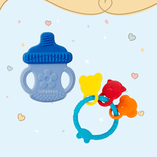 Blue animal-shaped silicone teether with a blue bottle teether