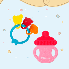 Blue animal-shaped silicone teether with a pink bottle shaped teether