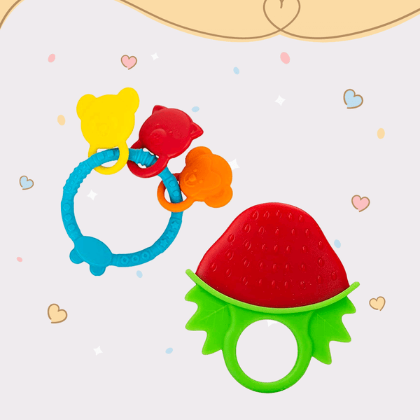 Blue animal-shaped silicone teether with a strawberry shaped teether