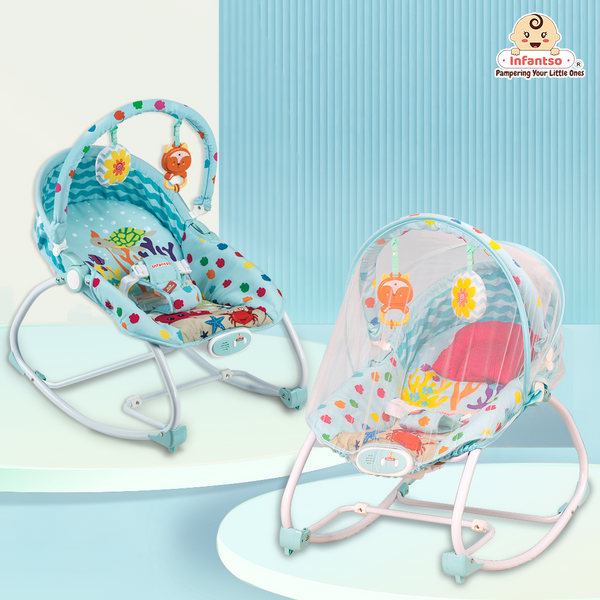 Manual Baby Rocker with Safety Harness & Mosquito Net | Infant Bouncer for 0-24 Months | Portable & Washable