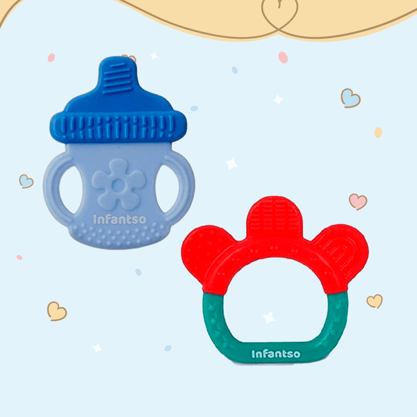 Blue bottle-shaped silicone teether with a green ring shaped teether