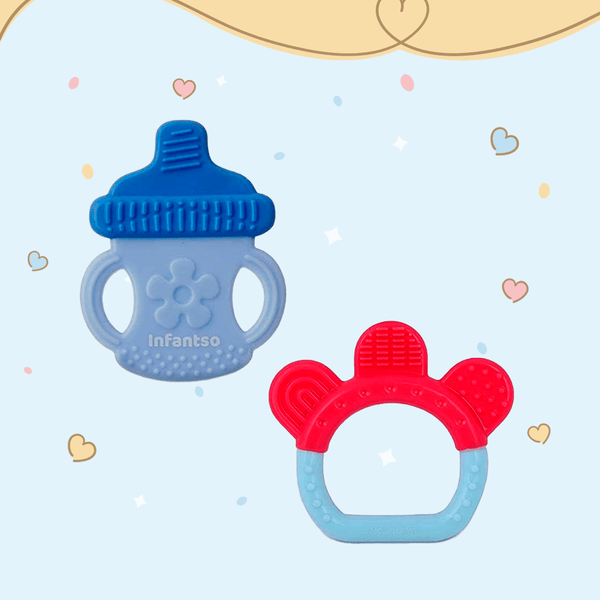 Blue bottle-shaped silicone teether with a blue ring shaped teether