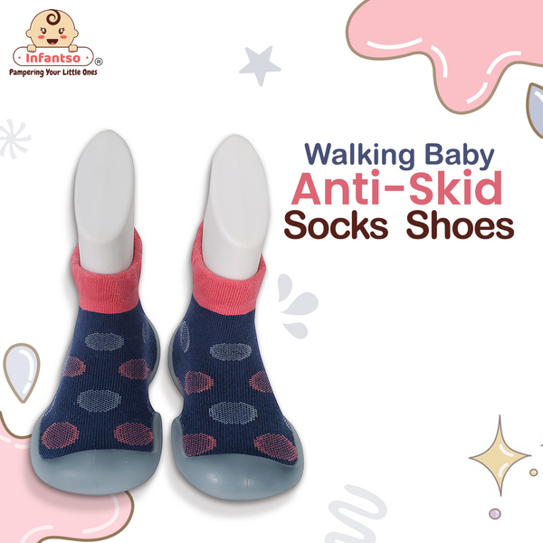 Infantso Polka Dot Anti-Skid Cotton Socks Shoes with Rubber Sole for Walking Babies & Toddlers (6-24 Months)