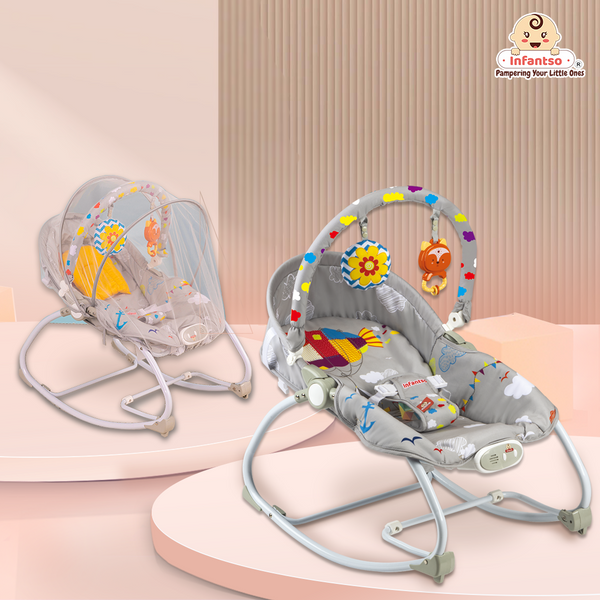 Manual Baby Rocker with Safety Harness & Mosquito Net | Infant Bouncer for 0-24 Months | Portable & Washable