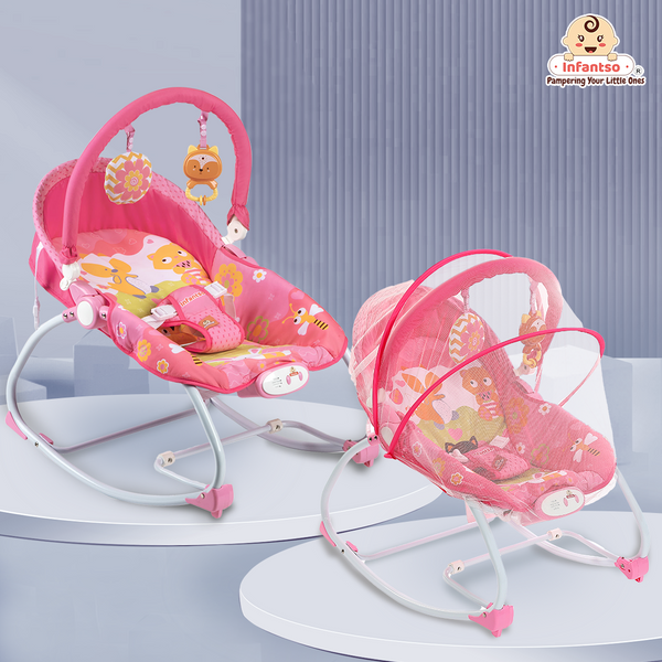 Manual Baby Rocker with Safety Harness & Mosquito Net | Infant Bouncer for 0-24 Months | Portable & Washable