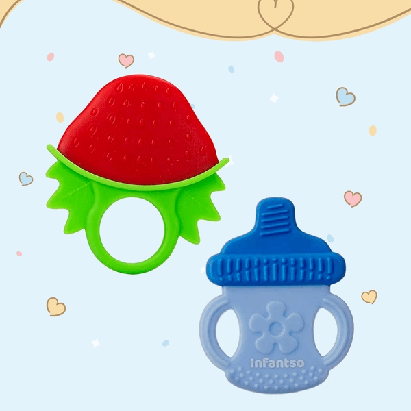 Strawberry-shaped silicone teether with a blue bottle shaped teether