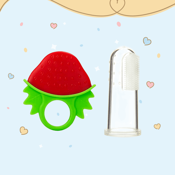 Strawberry-shaped silicone teether with a finger brush