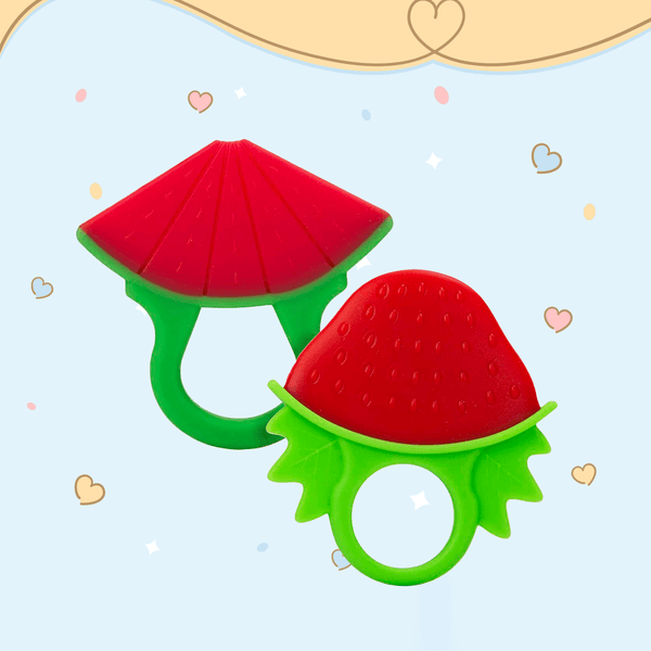 Strawberry and watermelon-shaped silicone teether for teething relief