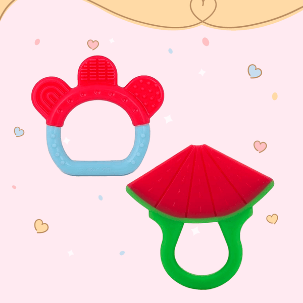 Strawberry-shaped silicone teether with a blue ring teether for babies