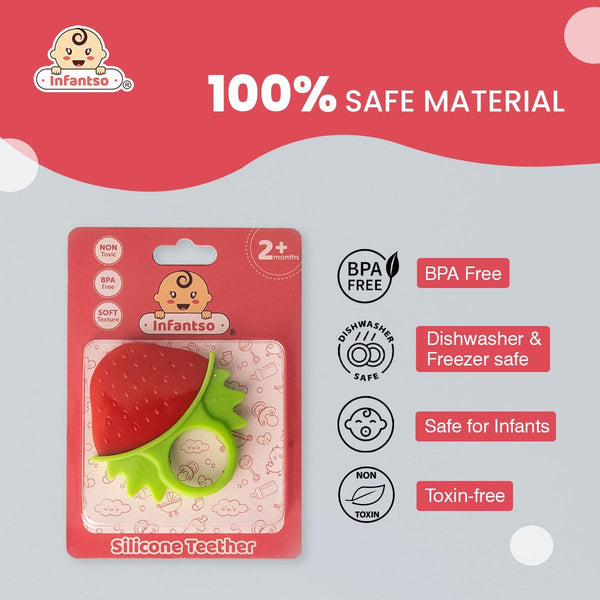 Infantso Non-Toxic Food-Grade Silicone Baby Teether, BPA-Free for Pain-Relief Easy Teething, for 2+ Months Babies (Strawberry)