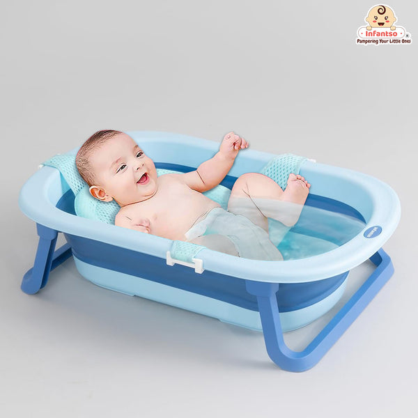 Infantso Anti-Slip Foldable Collapsible Silicone Baby Bathtub with Bath Net and Baby Accessories for Newborns & Toddlers (0+ to 3 years)