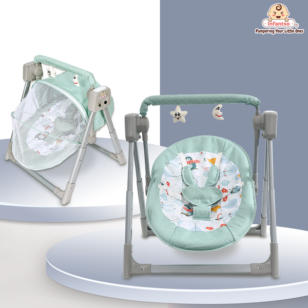 Infantso Automatic Swing Rocker with Bluetooth, Remote Control, 5 Speeds, Music, Timer, Mosquito Net & Toy Bar (0-2 Years)