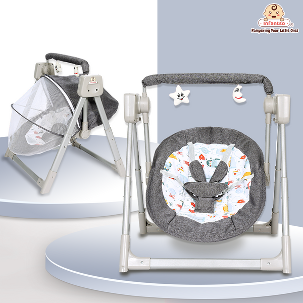 Infantso Automatic Swing Rocker with Bluetooth, Remote Control, 5 Speeds, Music, Timer, Mosquito Net & Toy Bar (0-2 Years)